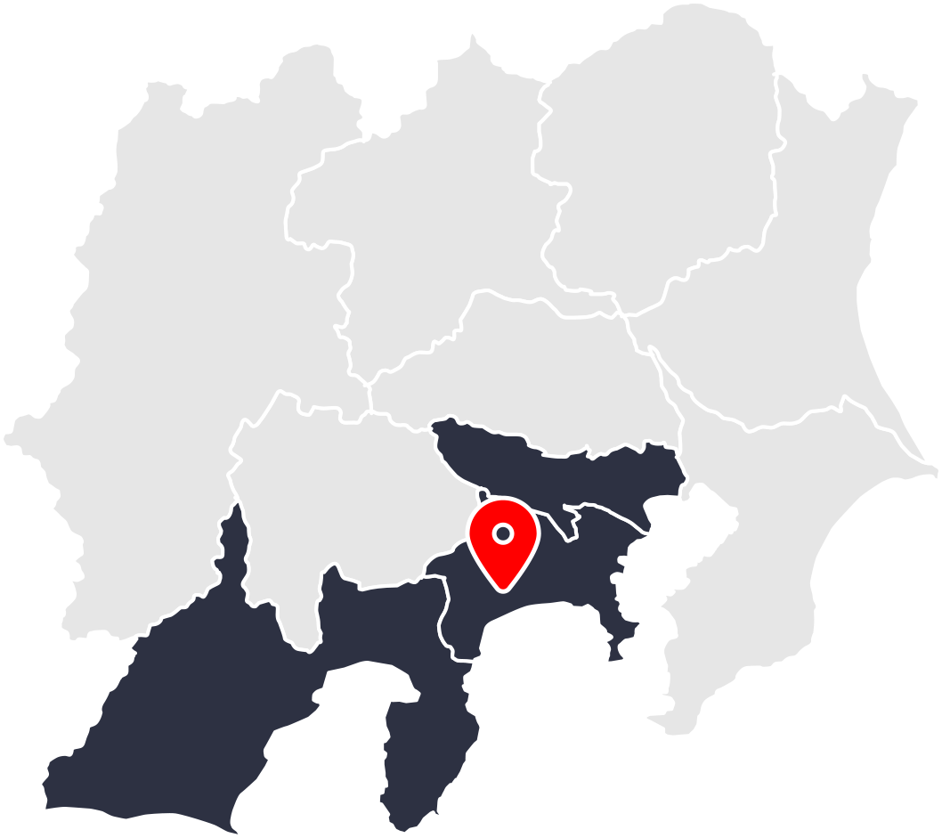 日本の関東地方と中部地方の一部を示す地図。神奈川県を含む南部地域が強調され、横浜市付近に赤い位置マーカーが表示されている画像